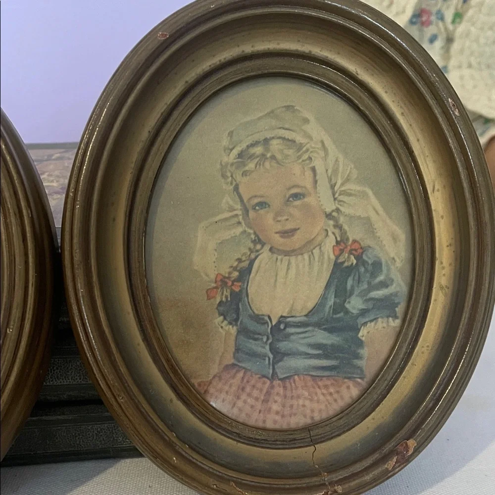 Vintage Oval Framed Child Portraits of Dutch boy and girl